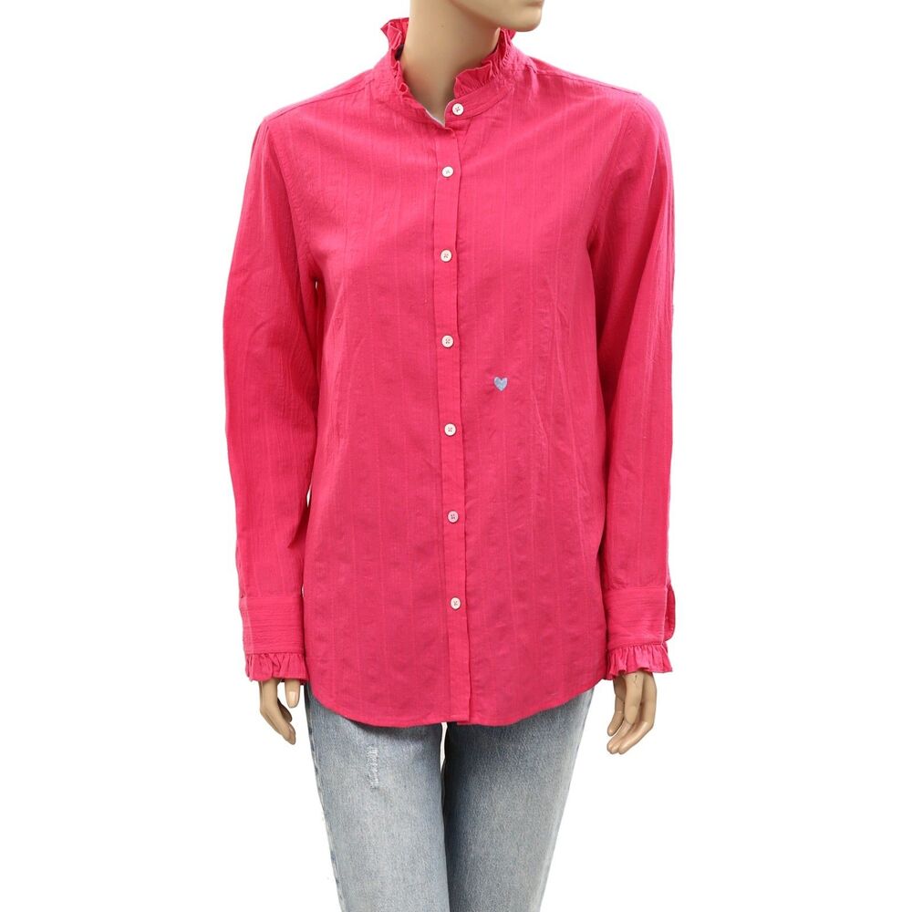 Kerri Rosenthal Buttondown Ruffle Shirt Tunic Top Long Sleeves Cotton S 288096